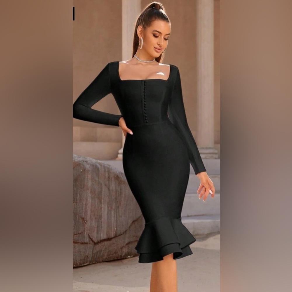 Women's Black Square Neck Button Front Stretch Outdoor Bodycon Dress Size Large